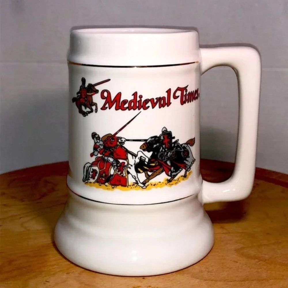 Medieval Times Beer Stein White Ceramic Large 6" tall Logo  32 oz. Mug